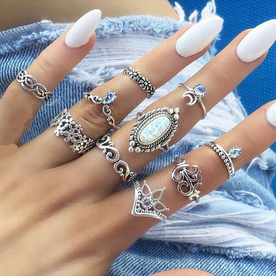 Bague Femme Vintage Rings for Women Boho Geometric Flower Crystal Knuckle Ring Set Bohemian Midi Finger Jewelry Silver Color
