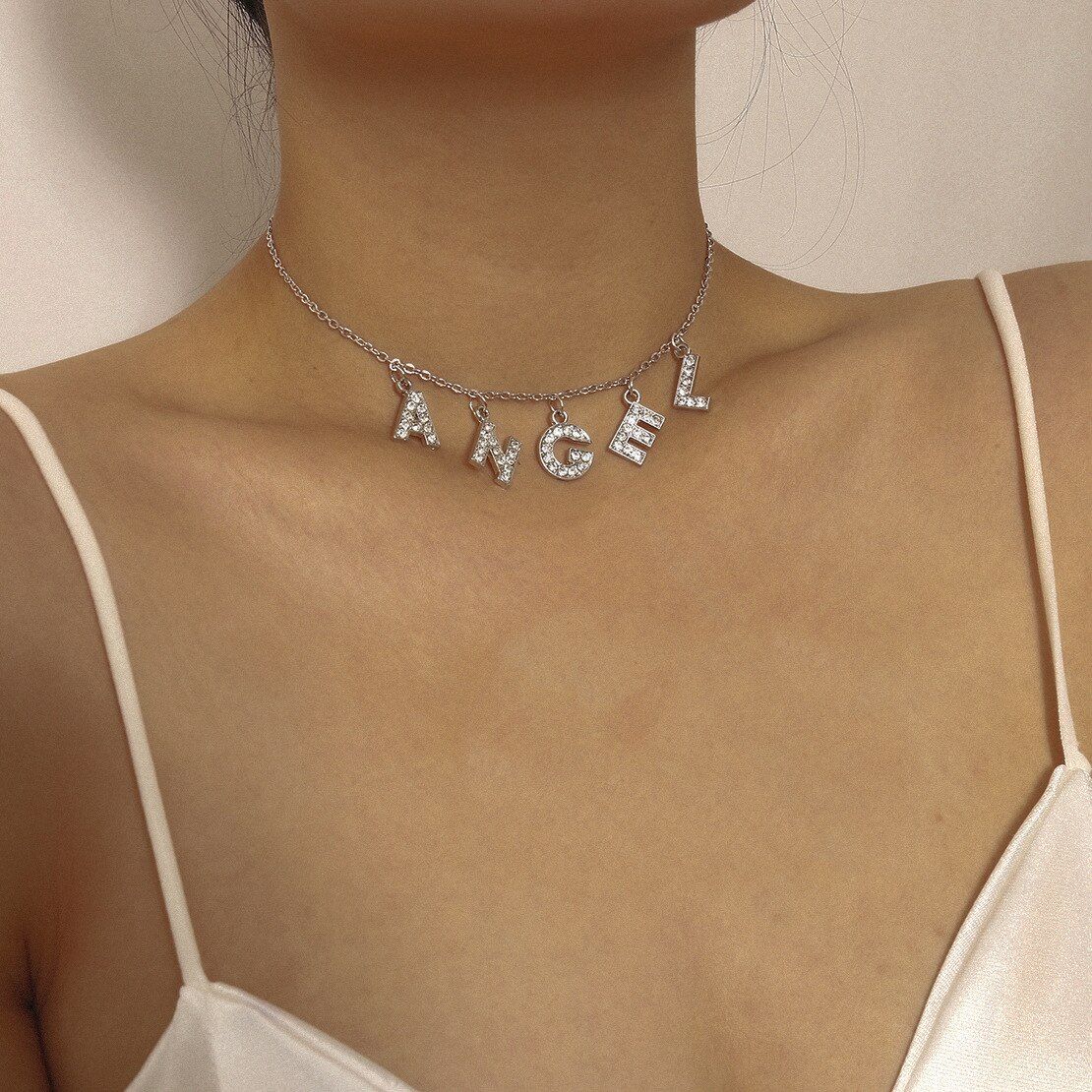 Punk Shiny Crystal Initial Letter ANGEL Pendant Necklace Rhinestones Charm Choker Necklace for Women Jewelry Femme Collier Party