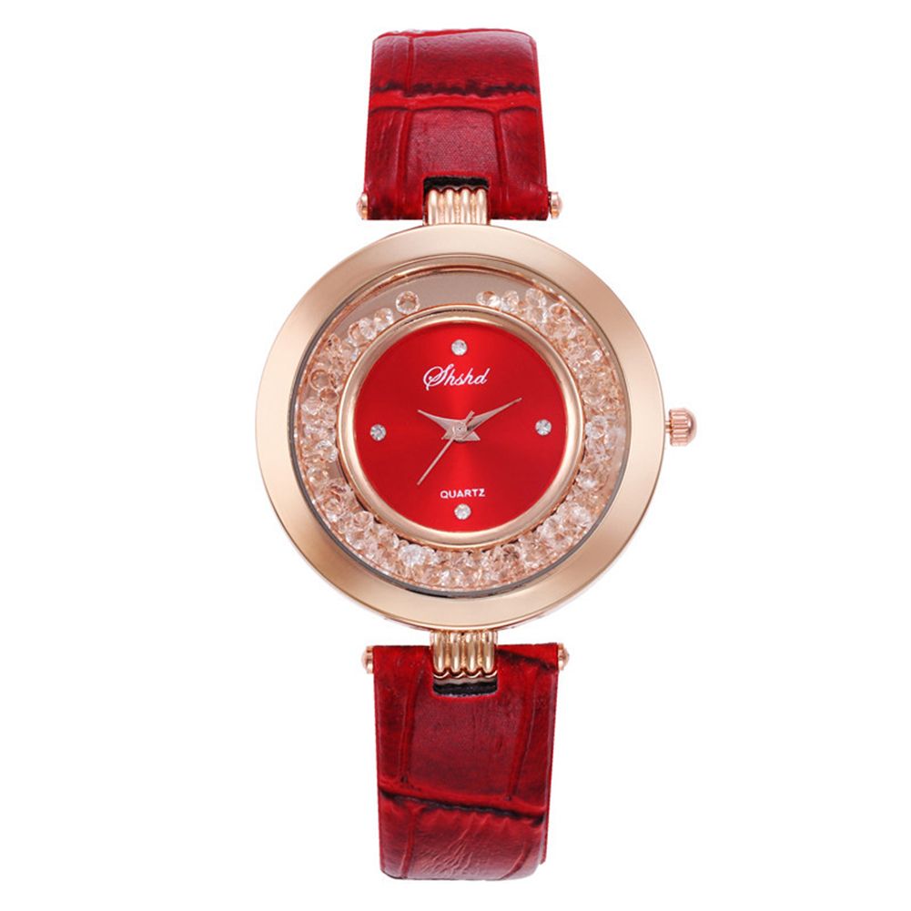 Fashion Woman's Shiny Rhinestones Quicksand Faux Leather Quartz Wrist Watch