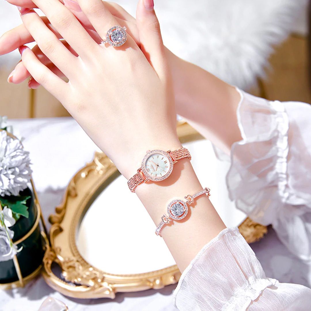 Lushika Fashionable Watch Quartz Small Watch Gold Gift Watch Set Women