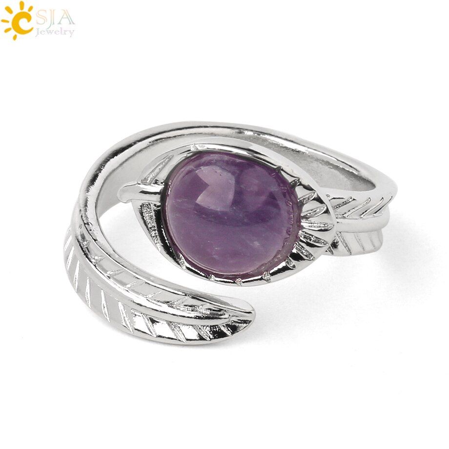 CSJA Silver Color Open Ring Round Natural Stone Crystal Cabochon Carved Leaf Adjustable Finger Rings for Women Men Jewelry G547