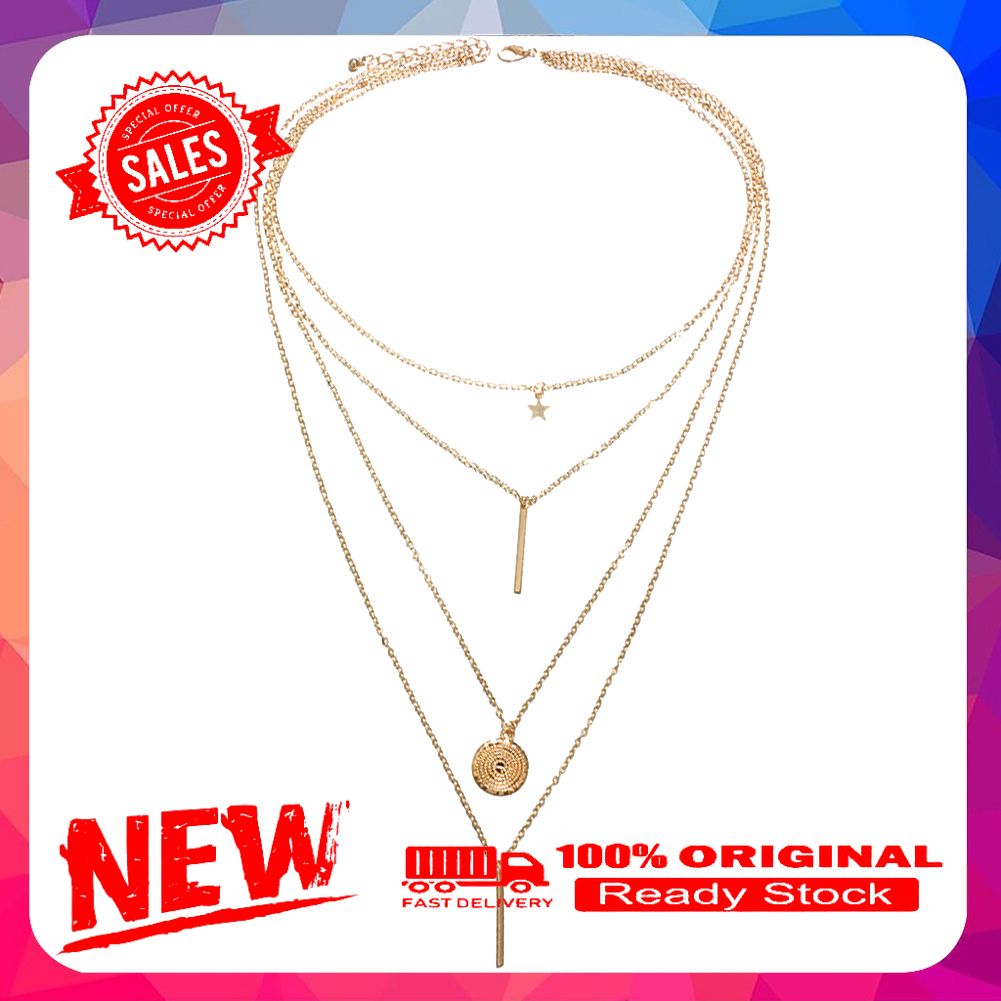 Fashion Women Beach Jewelry Multi-layer Chain Star Bar Round Pendant Necklace