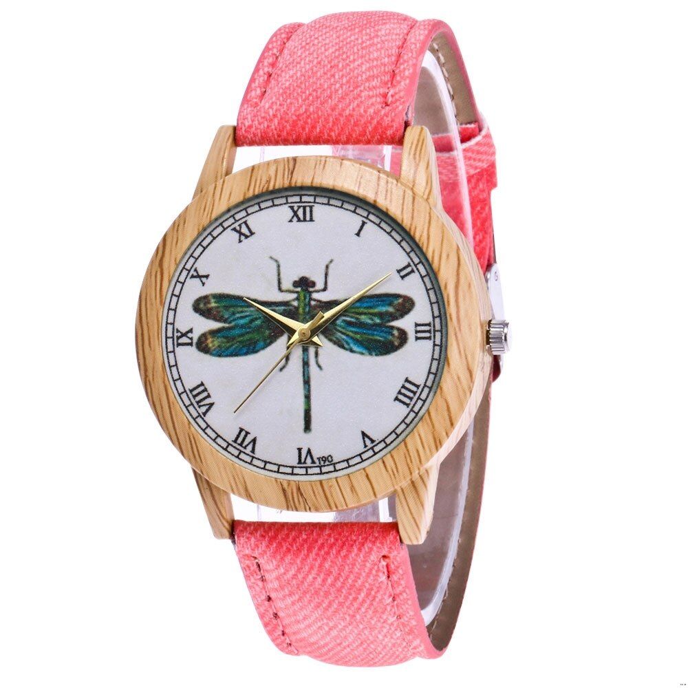 Casual Children Quartz Women Watch White Canvas Strap Cartoon Dragonfly Pattern Imitation Wood Alloy Dial Kids Watches Gift T90N