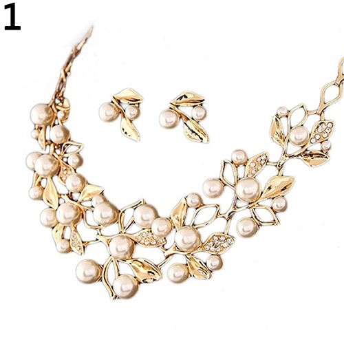 Elegant Bridal Faux Pearl Leaves Choker Necklace Stud Earrings Jewelry Set