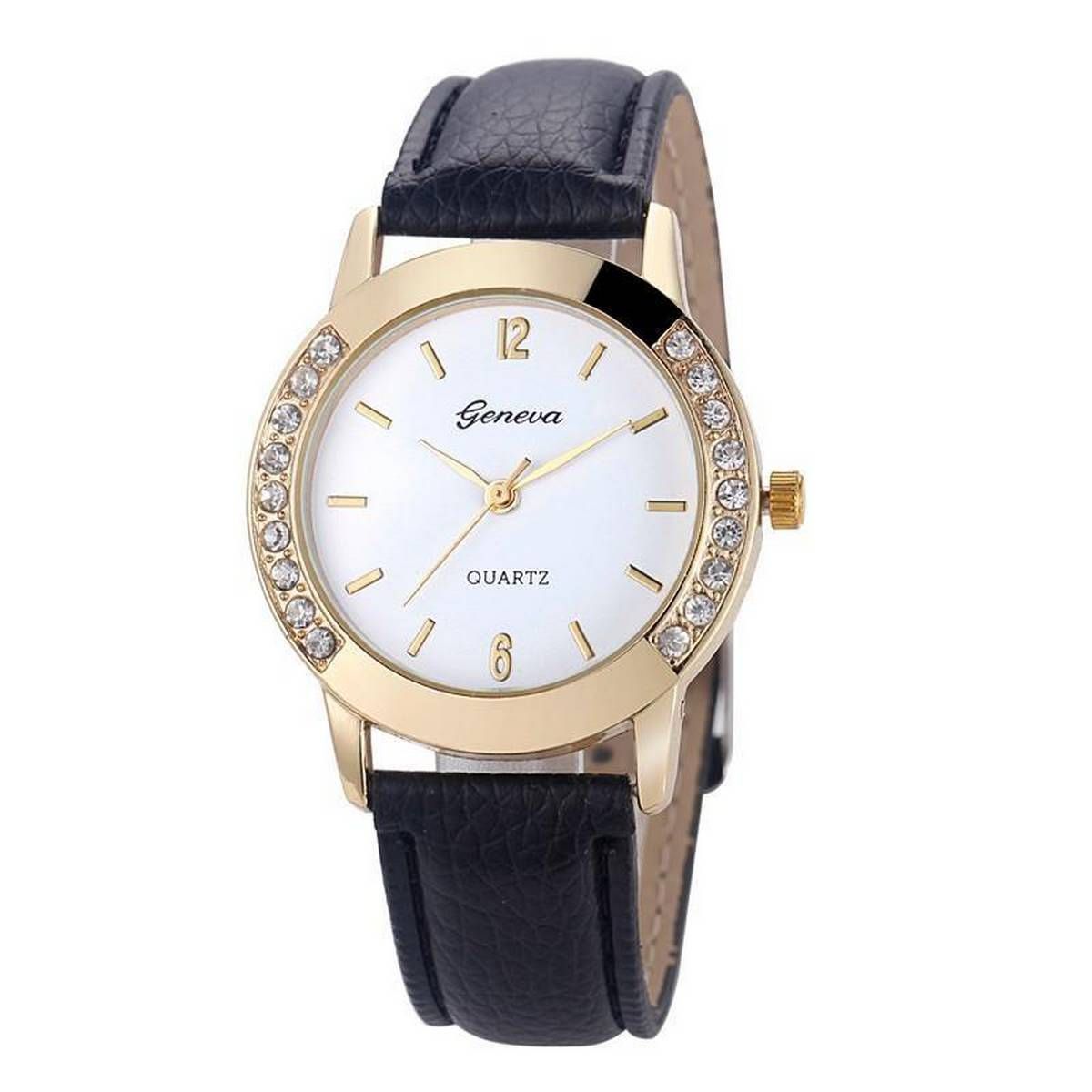 【BestGO】Geneva Fashion Women Diamond Analog Leather Quartz Wrist Watch Watches BK - intl