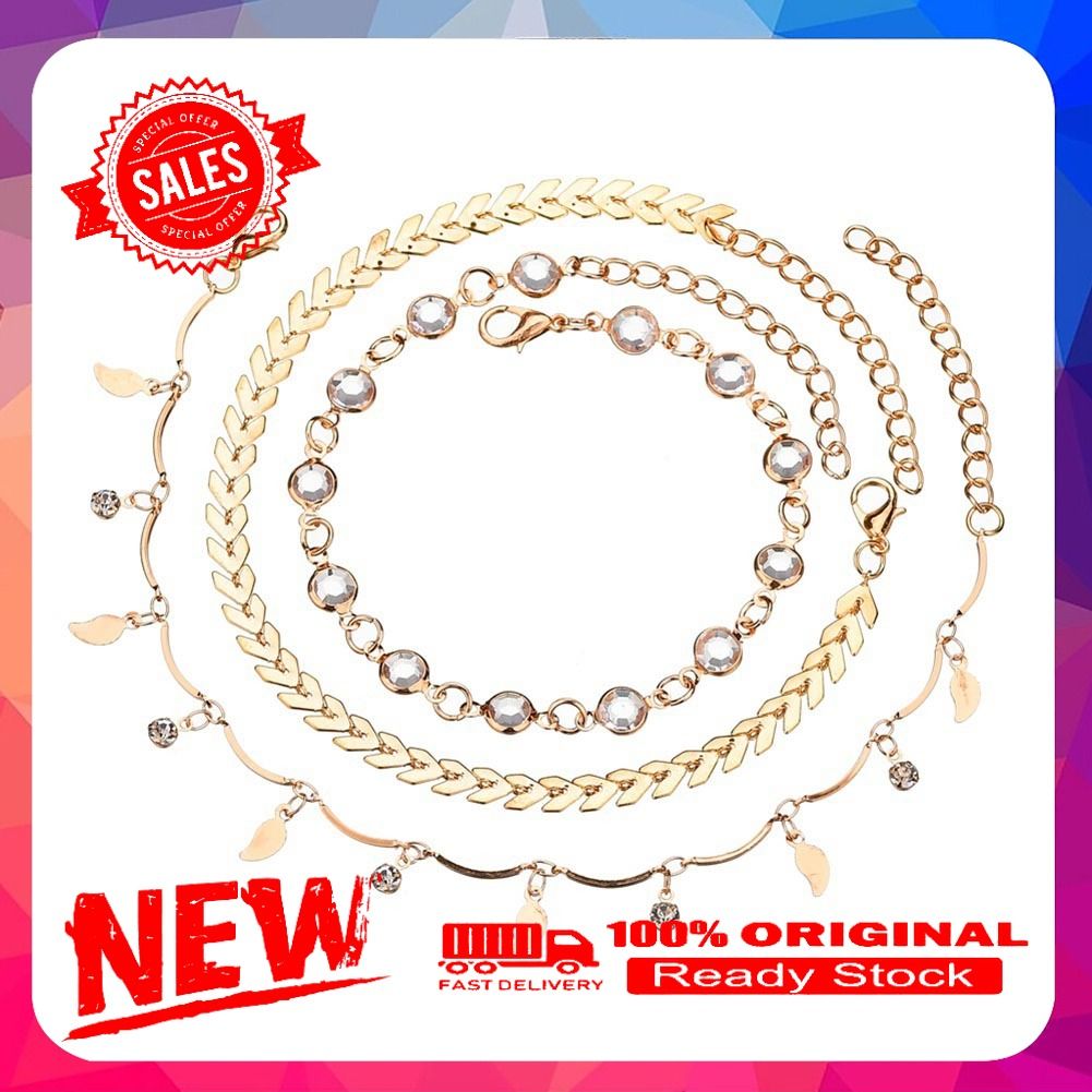 3Pcs Women Leaf Arrow Rhinestone Charm Anklet Foot Chain Ankle Bracelet Jewelry