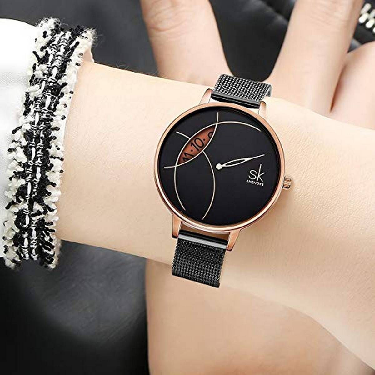 Women's Stainless Steel Quartz Wrist Watch Waterproof Unique Design Mesh Bracelet