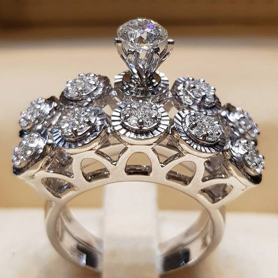 Female Crystal White Round Ring Set Brand Luxury Promise Silver Color Engagement Ring Vintage Bridal Wedding Rings For Women