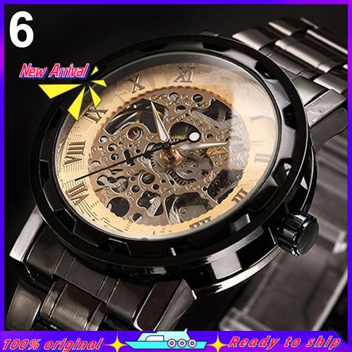 Men Skeleton Roman Numerals Hollow Dial Stainless Steel Band Mechanical Watch