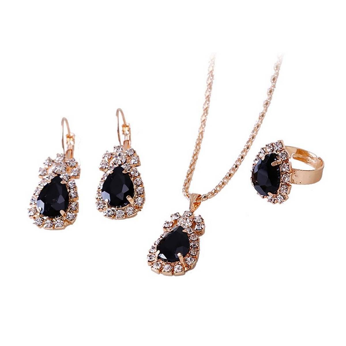 Waterdrop Shiny Rhinestones Necklace Ring Earrings Women Jewelry Set