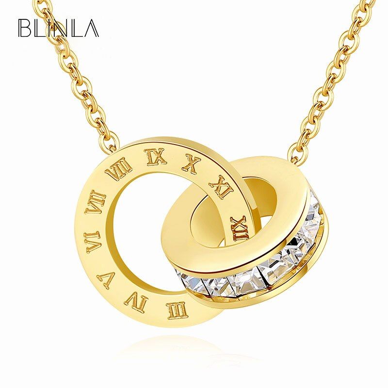 BLINLA New Korean Luxury Crystal Gold Necklaces for Women Double Round Stainless Steel Roman Numeral Wedding Pendant Necklace