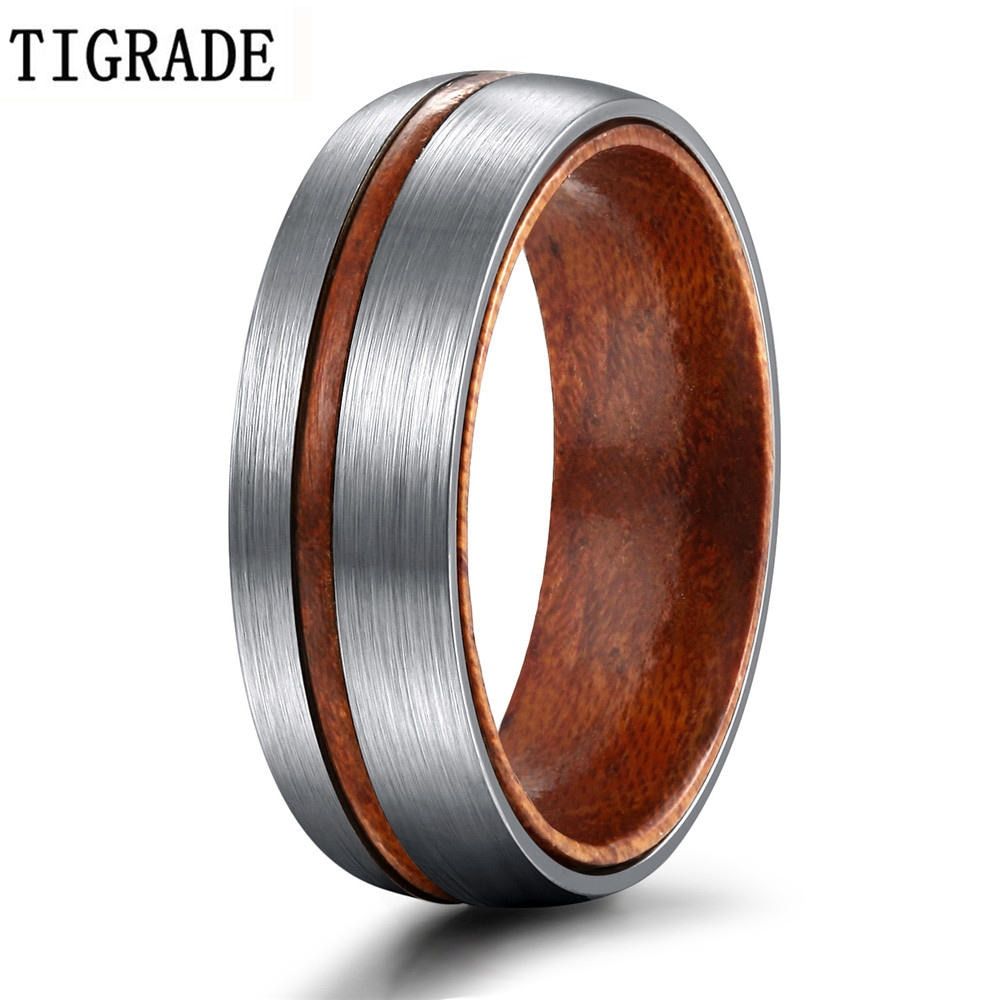 TIGRADE 6/8mm Titanium Ring Men Women Wedding Band Brown Nature Wood Comfort Fit Dome Silver Color Finish Grooved Couple Rings