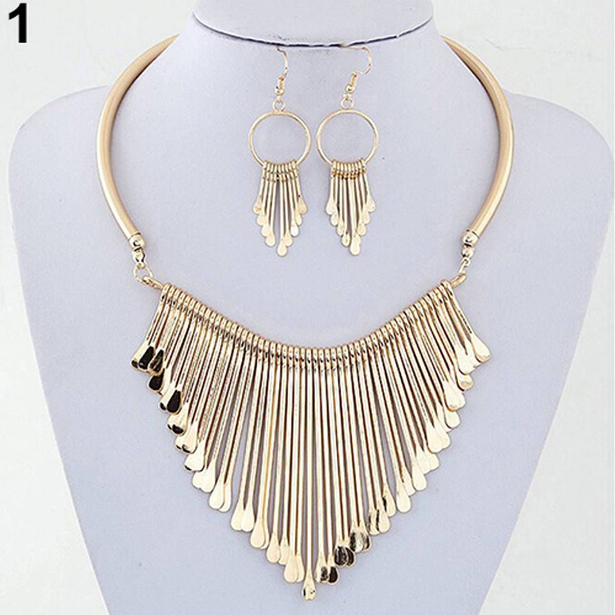 Women Fashion Jewelry Set Tassel Pendant Chain Choker Collar Necklace Earrings