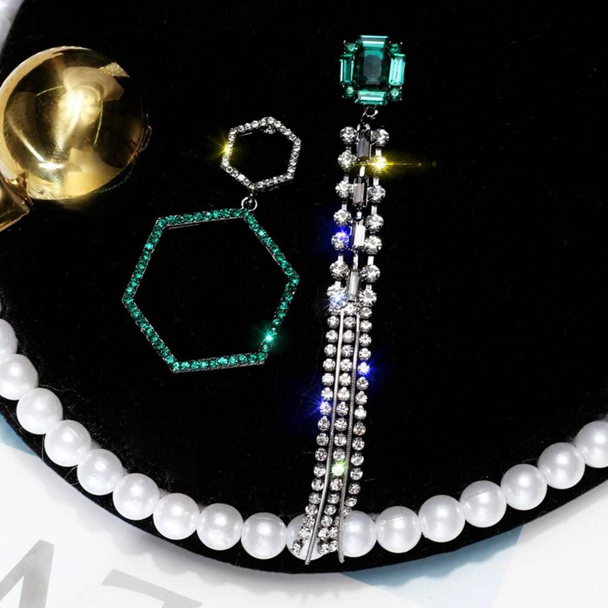 Fashion Women Faux Emerald Asymmetric Hollow Hexagon Jewelry
