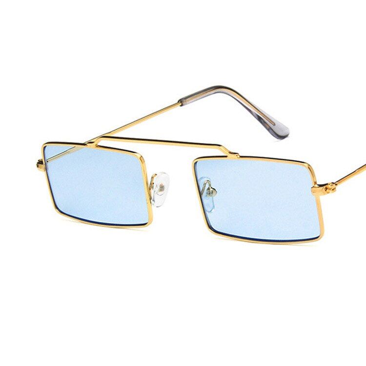 BlueSmall Rectangle Metal Frame Sun Glasses Women/Men Brand Designer Skinny Sunglasses Street Tinted Color Lens Slim Ins Eyeglasses