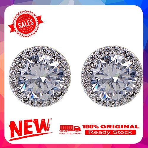 Women's Fashion Round Zircon Inlaid Earrings Luxury Silver Tone Ear Stud Jewelry