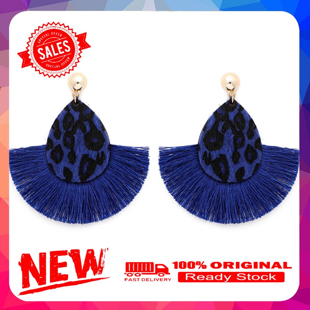 Fashion Women Leopard Fan Tassel Long Drop Stud Earrings Statement Jewelry Gift