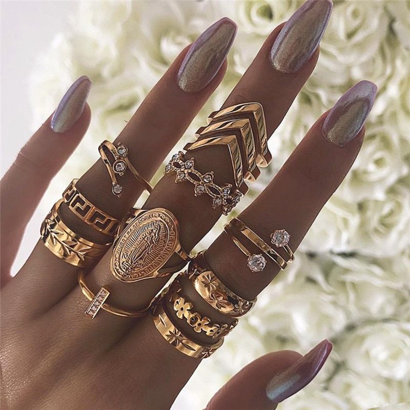 KSRA 2020  Bohemian Women Fashion Rings Ins Knuckle BOHO Hollow Geometric Crystal Finger Gold Color Rings Set Jewelry