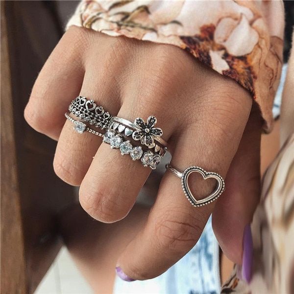 Bohemia Antique  Crown Flower Unicorn Carved Rings Sets RhineStone Knuckle Rings for Women Jewelry