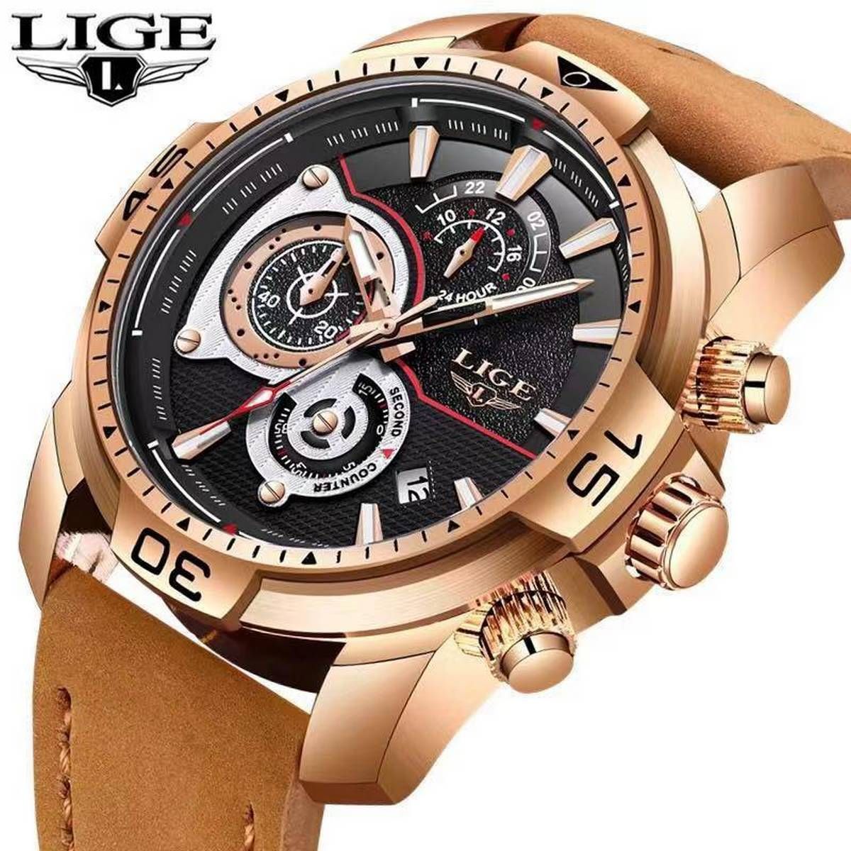 LIGE New Model 9892 Casual Leather Quartz Waterproof Chronograph Watch
