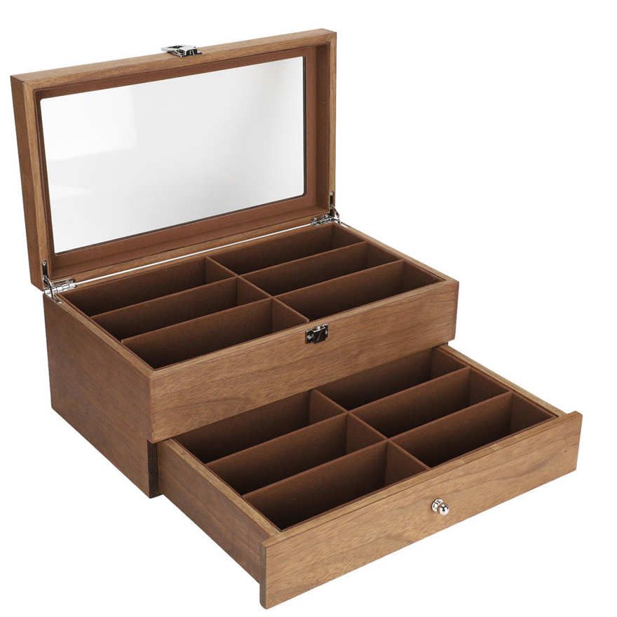 12 Slots Glasses Box Wooden Double Layer Display Case Organizer Decoration