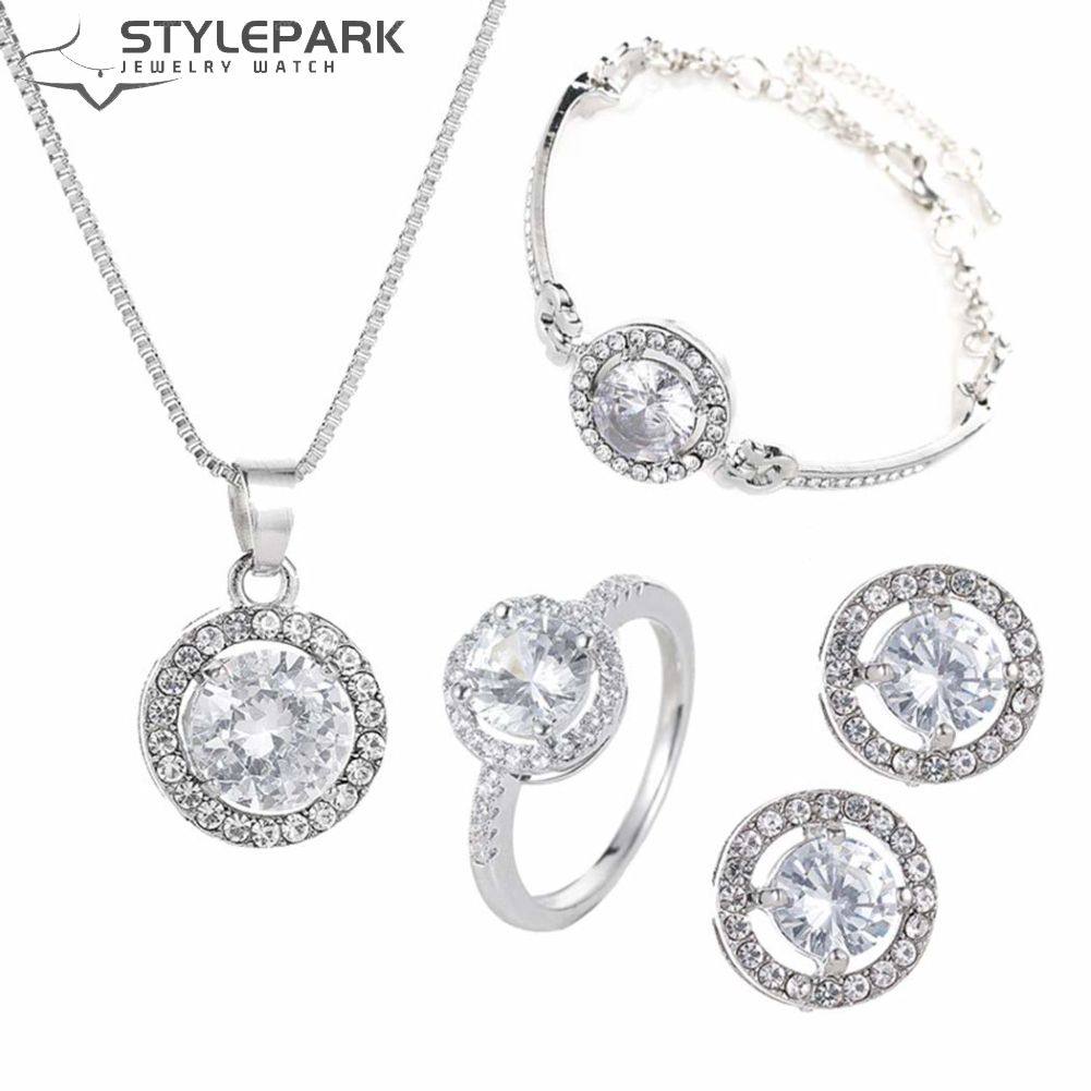 Wedding Bridal Jewelry Set Round Cubic Zirconia Necklace Bracelet Ring Earrings