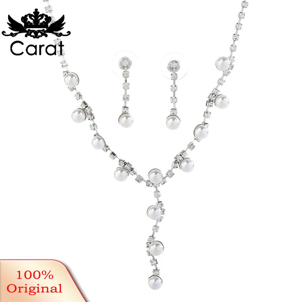 Carat Fashion Women Rhinestone Faux Pearl Pendant Necklace Stud Earrings Jewelry Set