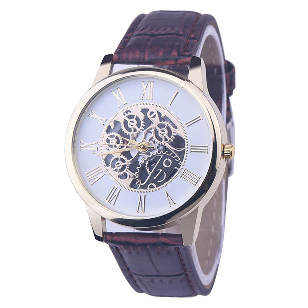 Men Hollow Mechanical Skeleton Round Dial Faux Leather Strap Analog Quartz Watch