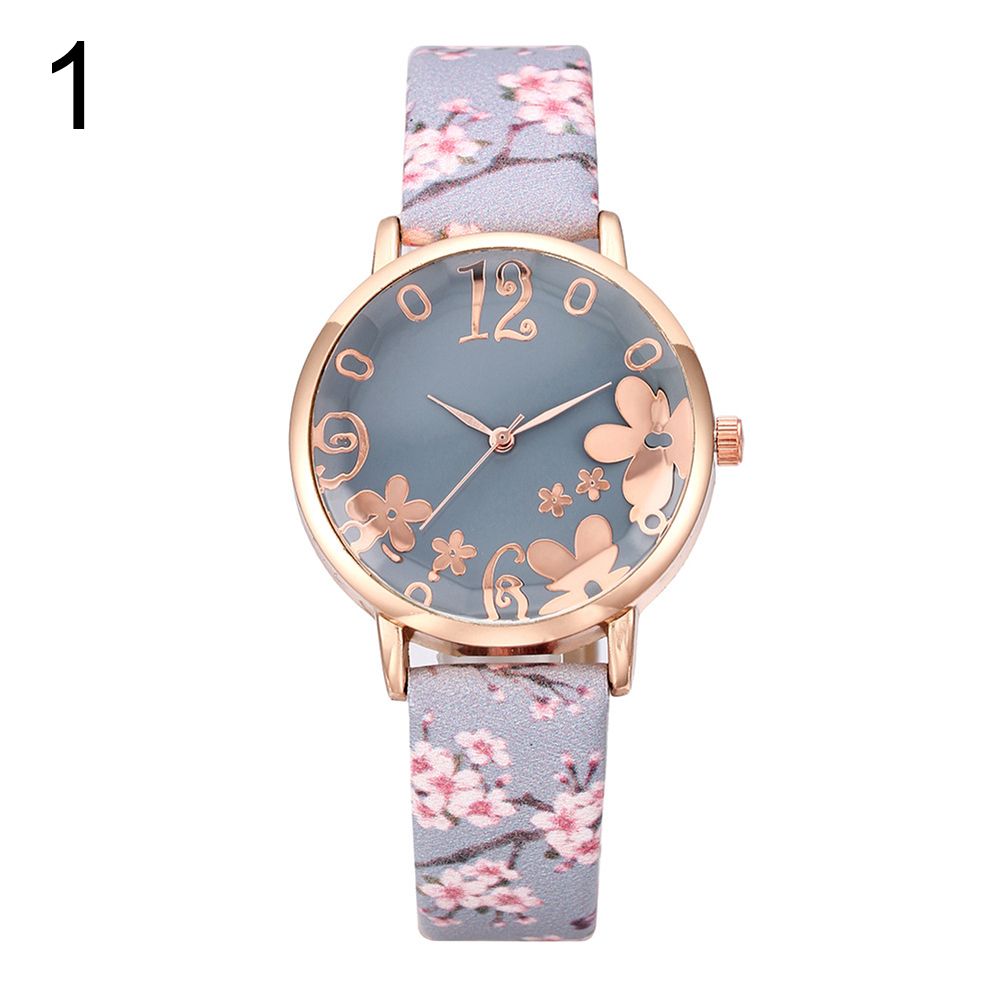 Creative Floral Round Dial Analog Faux Leather Band Women Quartz Wrist Watch