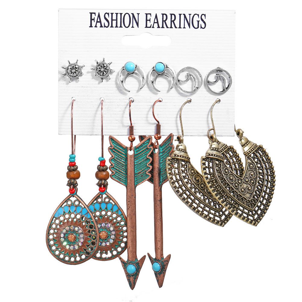 6 Pairs Of Earrings Alloy Creative Retro Style Feather Earrings Stud Set color:blue