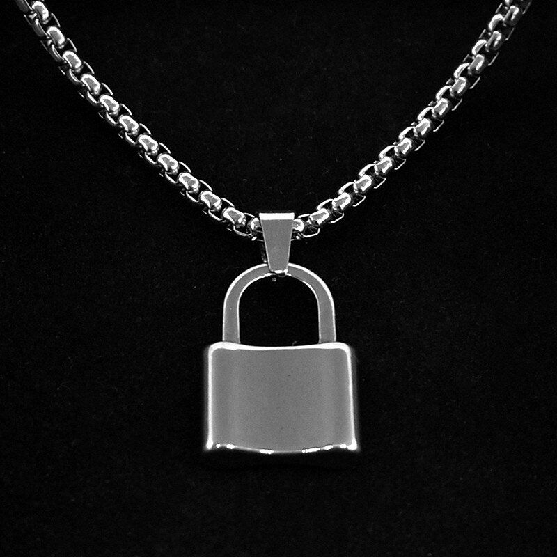 Hip hop rock Stainless Steel necklace Steel color Square Lock Pendant Necklaces For Women Men Padlock Necklace Brand Jewelry