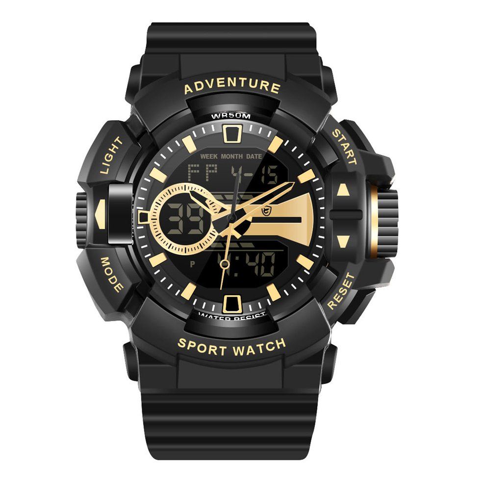 Black case black gold word black tape double display quartz watch - Black Gold Black