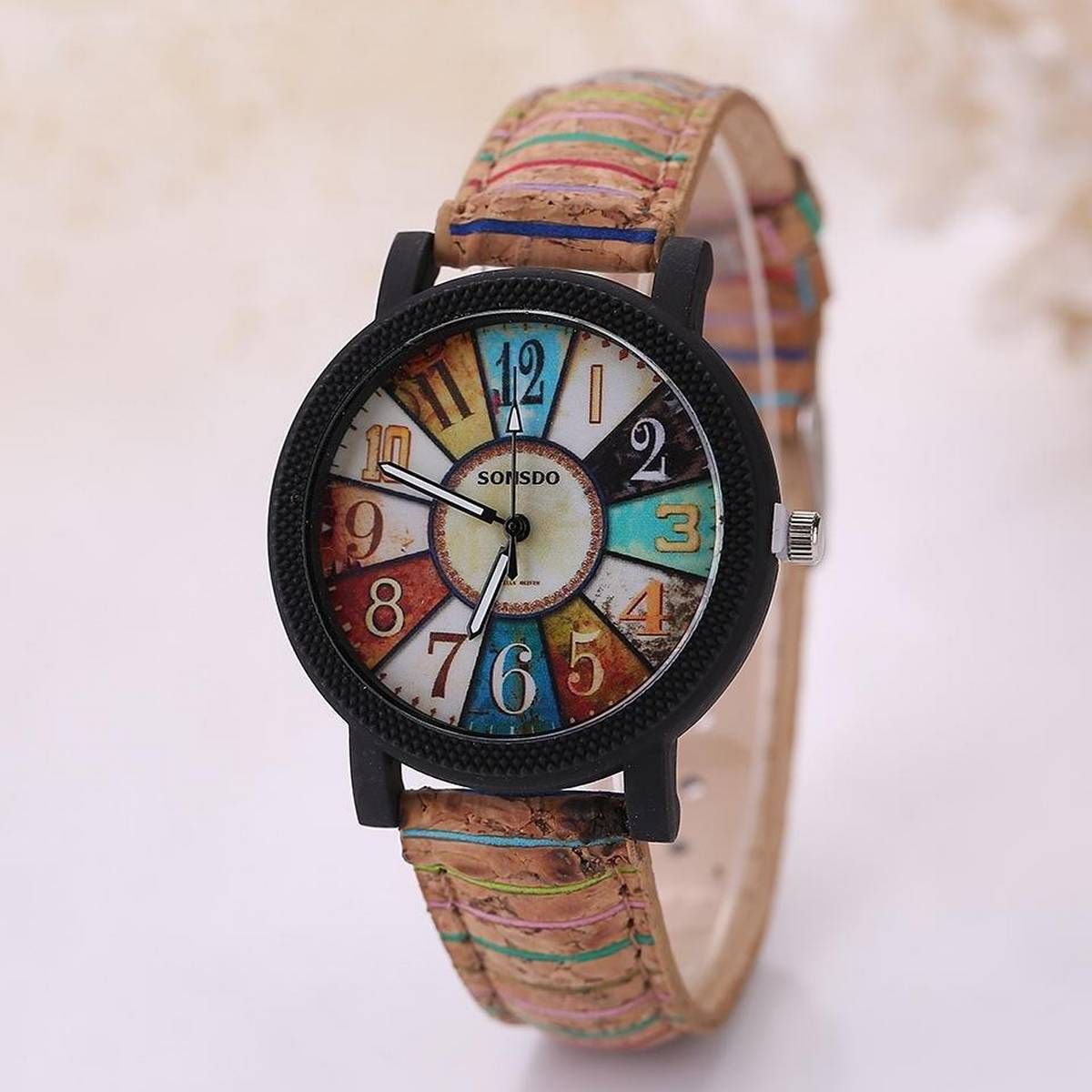 Fashion Brand Women's Vintage Pattern Flower Wooden Grain Analog Leather Strap Quartz Wrist Watch - intl