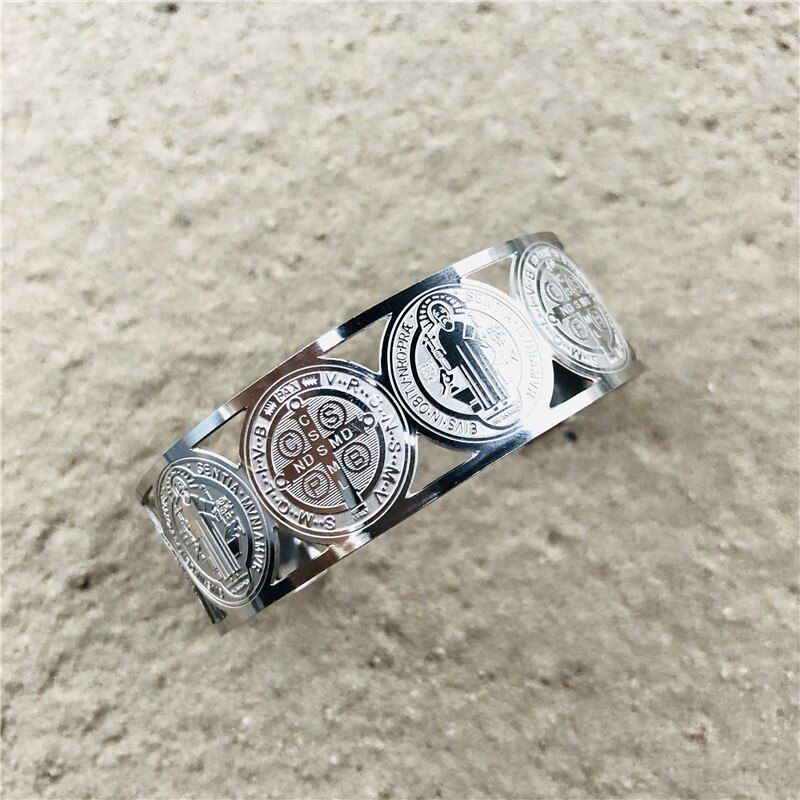 Catholic San Benito Adjustable Bangles For Male Stainless Steel Engraved Jesus Cross Pattern Pulsera Hombre