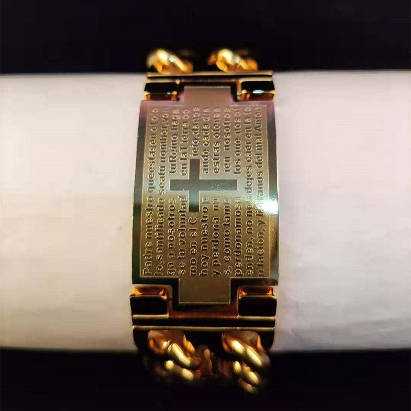 Men Hip Hop Cross Spanish Bible Bracelet 316L Stainless Steel Never Fade Can Adjustable length Vintage Bracelets Hiphop Jewelry