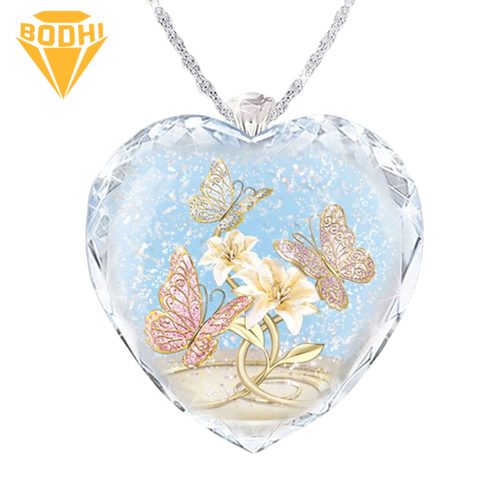 Necklaces Heart Shape Multi-color Glass Flower Pattern Charm Necklace for Gift