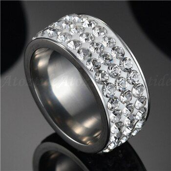 Atoztide Luxury 7 Colors Stainless Steel 8mm 3 Rows Lines Clear Crystal Rings Round Female Wedding Rings Anillos Mujer