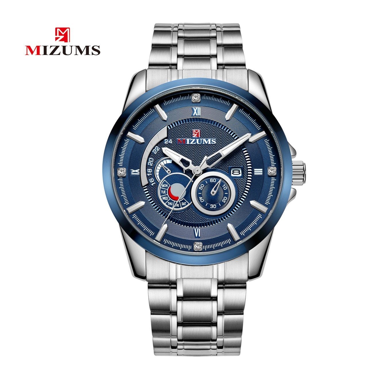 MIZUMS 8034 Casual Business Men Watch Stainless Steel Strap Calendar Quartz Wristwatch