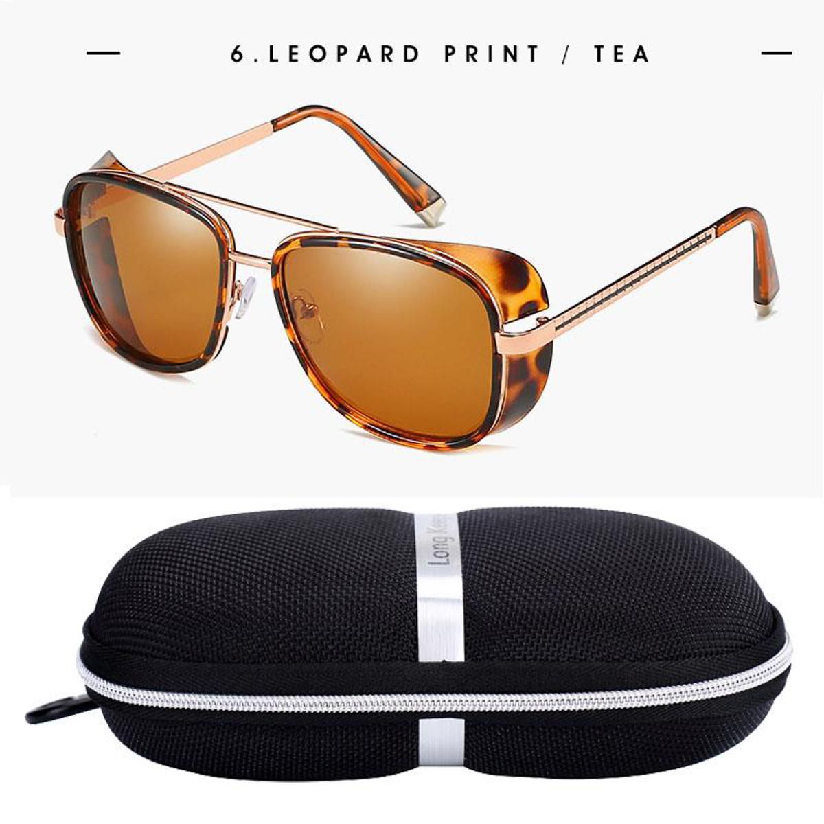 C6 leopard teaLongKeeper Iron Man TONY Stark Sunglasses Men Retro Side Shiled Sun glasses Oculos Masculino Gafas de sol with Case Box UV400