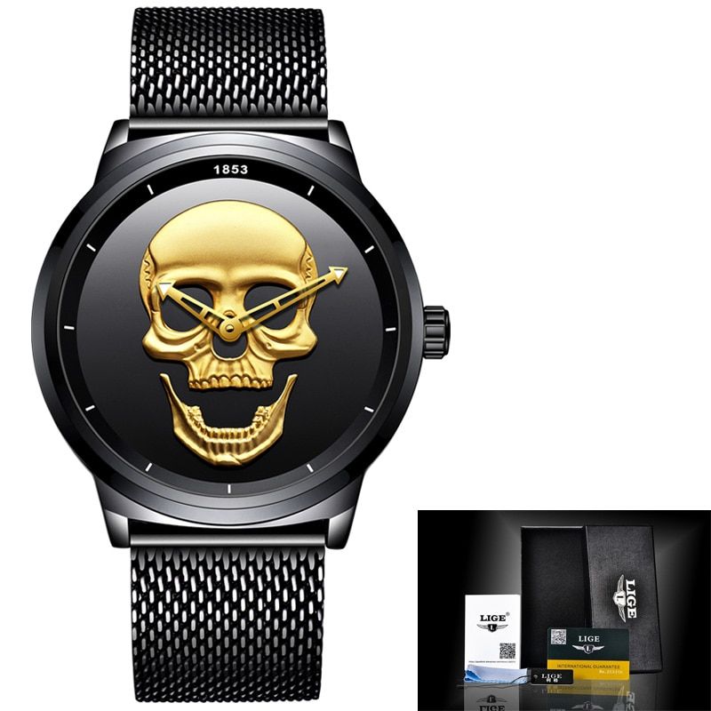 LIGE Men Skull Watch Brand Luxury Stainless Steel Quartz Watches mens Business Fashionproof Retro Clock