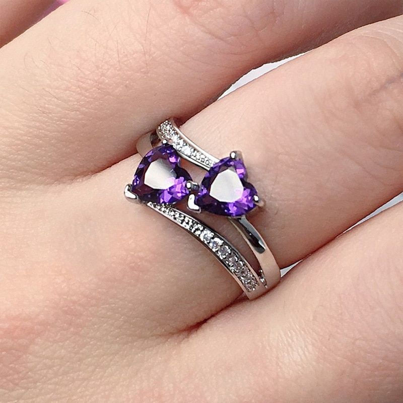 Huitan Stylish Female Rings Silver-plated Double Heart-Shaped Cubic Zircons Wedding Ring For Women Girls Nice Gift For Birthday