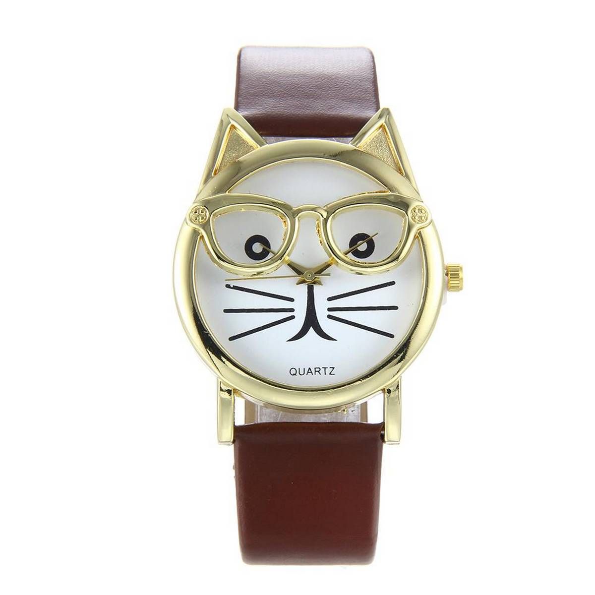 8 Colors Cute Cat Watch For Women Or Man Glasses Quartz Dial Watch Strap Leather Glass Mirror Precise Time Alloy Case