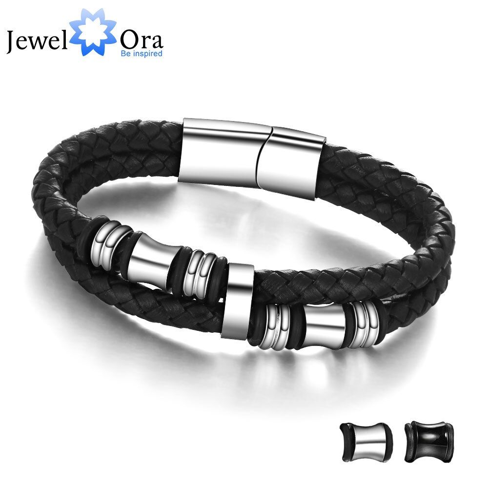 Stainless Steel Bracelet Men Black Leather Bracelets & Bangle Man Jewelry Accessories Bracelet Gifts for Men (JewelOra BA101174)