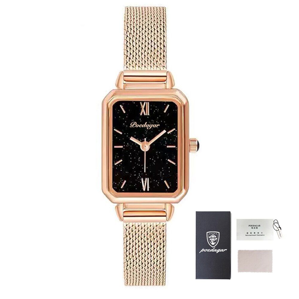 POEDAGAR Women Watches Square Malachite Green Dial Japan Quartz Watch Simple Luxury Rose Gold Mesh Waterproof Ladies Wristwatch