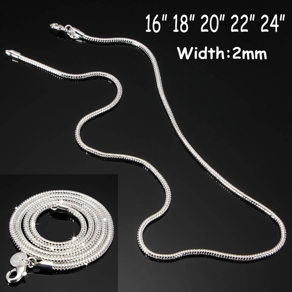 925 Sterling Silver 2 mm Chain Necklace Accessories Snake Bead Chains Various Style 16"~24" - 16 inches