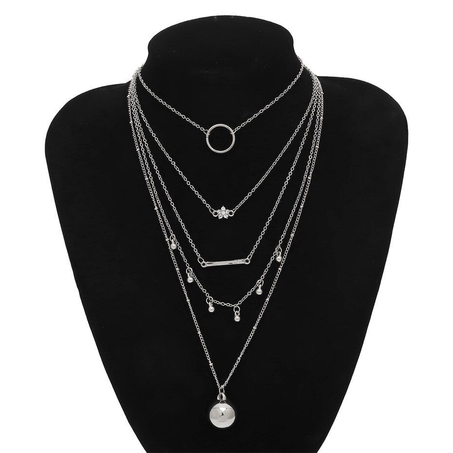 IngeSight.Z 2Pcs/Set Multi Layer Small Circle Crystal Choker Necklace for Women Small Ball Tassel Pendant Necklaces Jewelry Gift