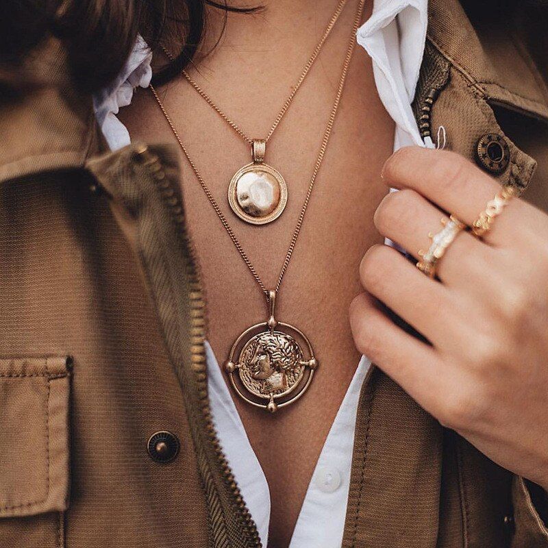 LETAPI Vintage Map Moon Necklace For Women Fashion Gold Color Necklace Multiple Layers Pendant Long Necklaces Boho Jewelry
