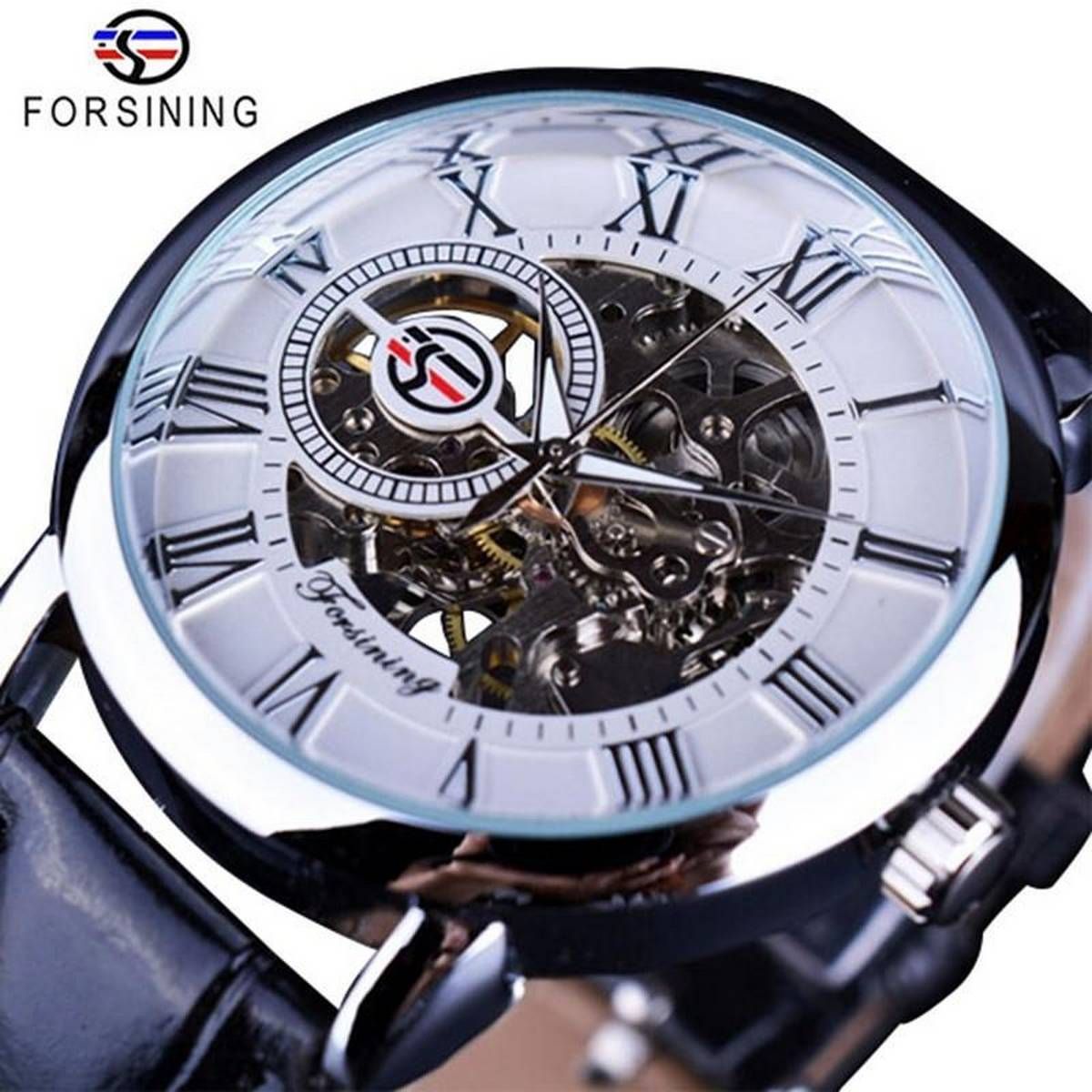 FORSINING F1205127 Men's Casual Watch Luminous Waterproof Leather Strap Simple Dial Creative Hollow Automatic Mechanical Watch