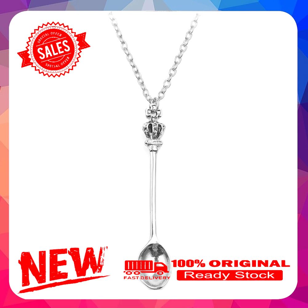 Vintage Crown Mini Tea Spoon Pendant Women Necklace Long Chain Jewelry Gift