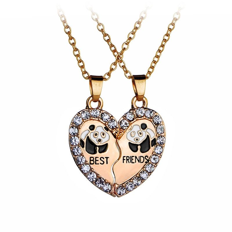BEST FRIENDS BFF 2 Part Broken Heart Animal Panda Anchors Crystal Pendant Chain Necklace Friendship Jewelry